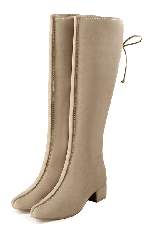 Tan beige women's knee-high boots, with laces at the back. Round toe. Low block heels. Made to measure. Front view - Florence KOOIJMAN